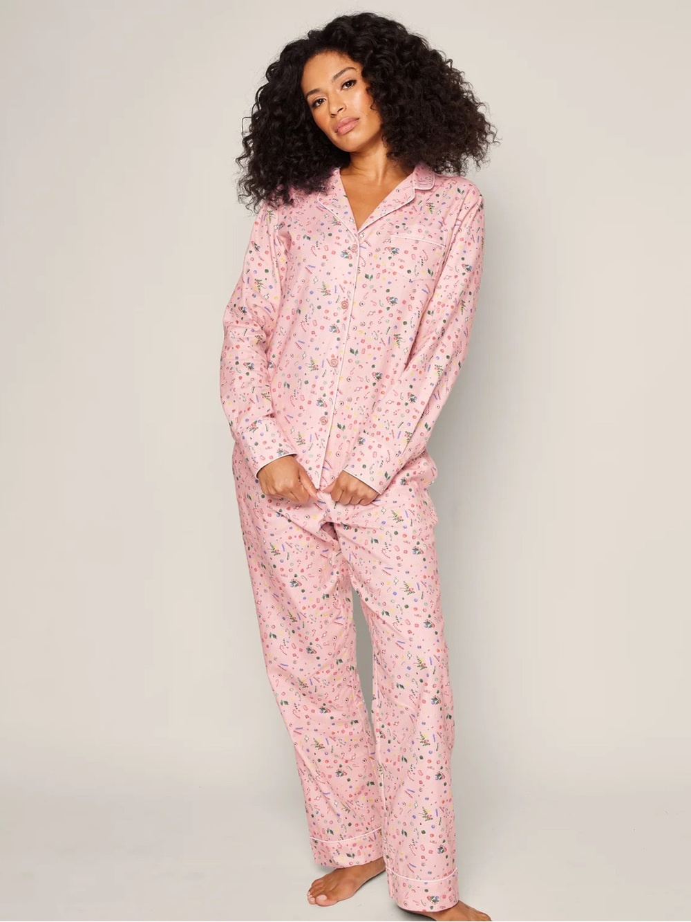 Petite Plume Womens Twill Pajama Set Pink Vintage Sweets Christmas Holiday Candy